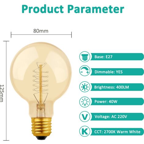 Lot de 2 Vintage G80 E27, 40W Blanc Chaud 2700K, AC 220V, Ampoules de Décoration à Incandescence Rétro E27 Spirale Tungstène Filament Lampe