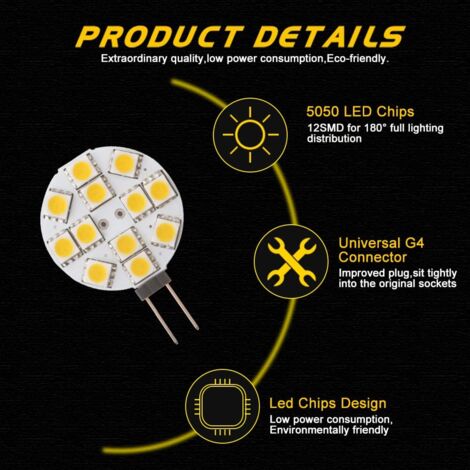 10x Ampoule LED G4 Non dimmable Blanc Chaud 2700K 180 ° Faisceau Ampoule de lumière Remplacement 20W Lampe halogène pour Cuisine Camping-Car RV remorque Bateau DC 12V de Remplacement
