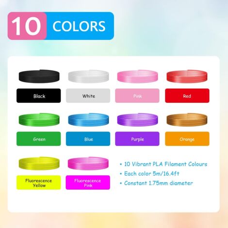 Fil Stylo 3D, Recharges de Filament Pla 1.75 pour Stylo 3D, 10 couleurs, 5M Chacun, 3D Pen Filament pour Enfants et Adulte, Compatibles avec le Stylo D'impression 3D Professionnel