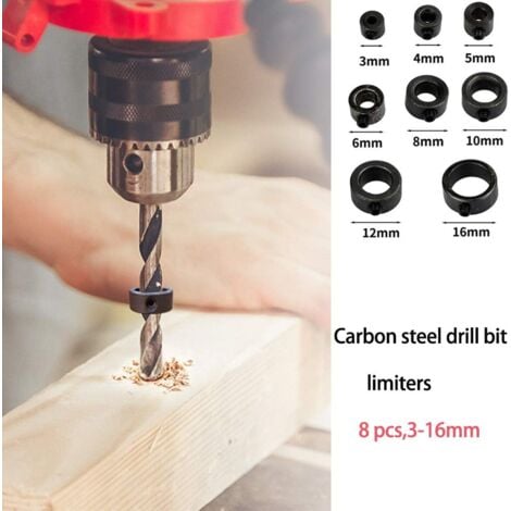 Butée de Profondeur, Butées de Profondeur de Forage, Colliers D'arrêt de Profondeur, 8 pcs Butée de Profondeur Colliers, Anneau Positionneur avec clé Hexagonale, 3-16 mm