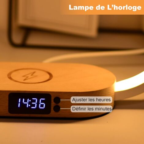 Lampe de Chevet Chargeur sans Fil, Tactile avec Port USB, Chargeur Induction avec L'horloge, Lampe de Table avec 3 Modes de Couleur et Intensité Variable, Bois&Blanc