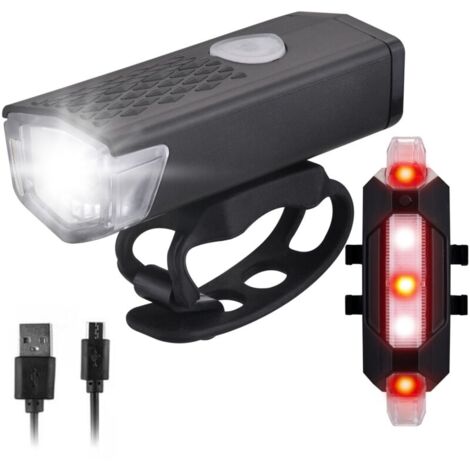 Ensemble de phares de vélo rechargeables par USB Phare de vélo et feu arrière Étanche Phare avant et arrière de vélo Double lumière avant et arrière lumineuse (Noir) (1/5)