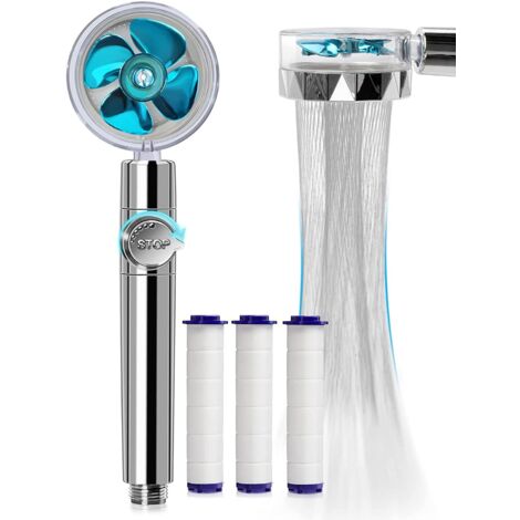 Pommeau de douche à économie d'eau haute pression, pommeau de douche à jet turbo avec bouton d'arrêt d'eau et 3 filtres (1/5)