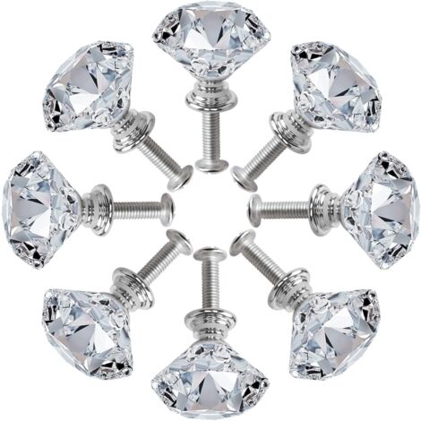Lot de 8 boutons de porte d'armoire en cristal argenté, en alliage de zinc taillé au diamant avec boutons à vis pour placards, armoires, tiroirs, commode, décoration intérieure (1/5)
