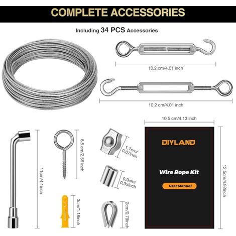 DIYLAND Kit Corde En Acier Inoxydable 35M - Câble 2mm PVC Avec Tendeurs Et Accessoires Pour Suspension Outdoor, Corde à Linge Et Plantes Grimpantes