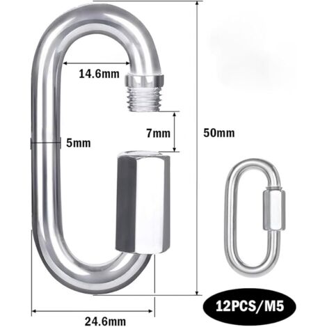 12 Pièces Mousqueton à Vis M5 En Acier Inoxydable 304 – Maillon Rapide Robuste Avec Verrouillage à Vis, Charge Max 294 Kg, Idéal Pour Cordes, Chaînes Et Gréement