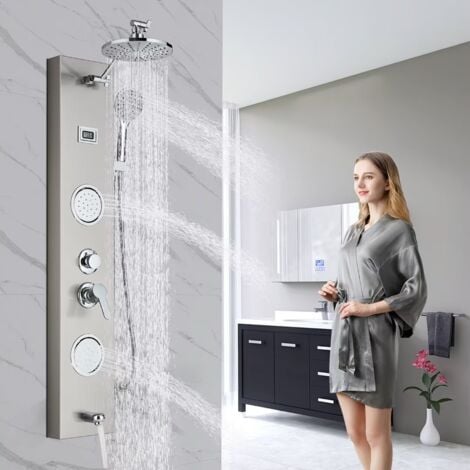 Duschpaneel Edelstahl Duschsystem Multifunktions Duschsäule mit Temperaturanzeige, Kopfbrause, Massagedüsen und Wasserfall-Handbrause Nickel Gebürstet