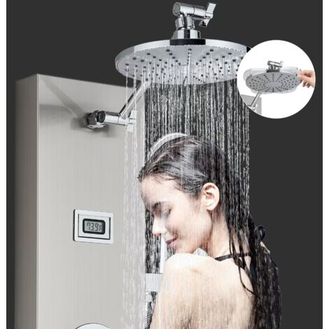 Duschpaneel Edelstahl Duschsystem Multifunktions Duschsäule mit Temperaturanzeige, Kopfbrause, Massagedüsen und Wasserfall-Handbrause Nickel Gebürstet