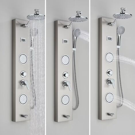Duschpaneel Edelstahl Duschsystem Multifunktions Duschsäule mit Temperaturanzeige, Kopfbrause, Massagedüsen und Wasserfall-Handbrause Nickel Gebürstet