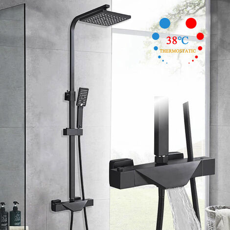 Regendusche Duschsystem mit Thermostat Duscharmatur Komplettset Schwarz Duschset Duscharmaturen Handbrause Überkopfbrauseset