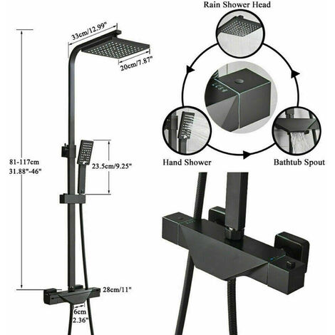 Regendusche Duschsystem mit Thermostat Duscharmatur Komplettset Schwarz Duschset Duscharmaturen Handbrause Überkopfbrauseset