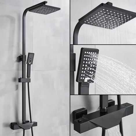 Regendusche Duschsystem mit Thermostat Duscharmatur Komplettset Schwarz Duschset Duscharmaturen Handbrause Überkopfbrauseset