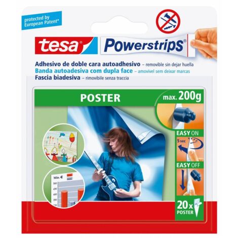 Bandes Adhésives Double Face Tesa Powerstrips POSTER - 20 Pièces - Pour Affiches, Photos - Sans Trace, Réutilisable