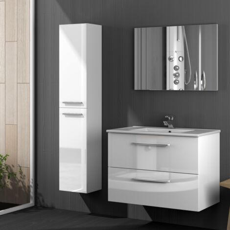 Meuble de salle de bain 80x45x57 cm – 2 tiroirs à fermeture douce – Mélamine blanc laqué – Miroir inclus – Chants enduits PVC