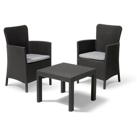 Keter – Ensemble de jardin 2 fauteuils avec coussins gris – Table basse 43x59cm – Polypropylène effet rotin – Résistant aux intempéries (1/4)