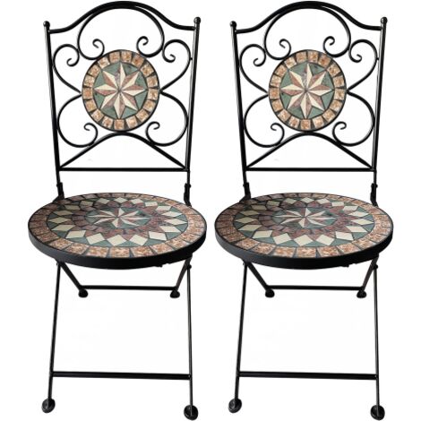 Paire de chaises pliantes en métal – Dossier en mosaïque de pierre – Chaise de jardin design – Charge maximale 120kg