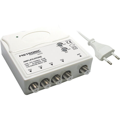 Amplificateur TV 1 entrée UHF/VHF – 4 sorties – Gain réglable 5-20dB VHF, 13-28dB UHF – Alimentation 230V-50Hz – Metronic