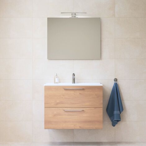 Vitra – Meuble avec vasque simple 59x61x39,5 cm – MIASET60D – Lavabo céramique avec éclairage LED – Miroir mural inclus – Finition chêne