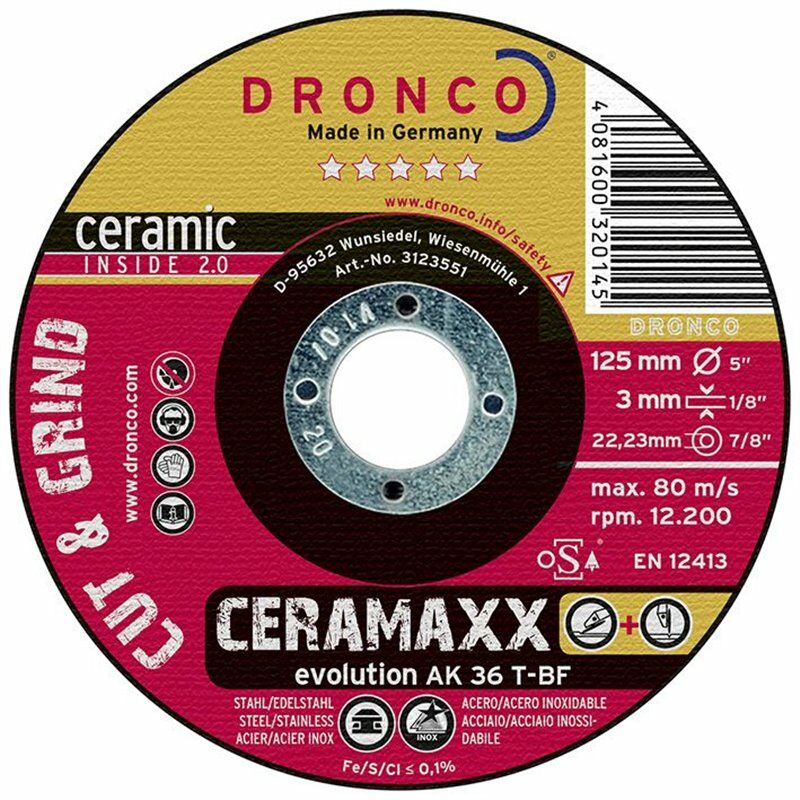 Disco de corte y desbaste Ceramaxx de 125 x 3 mm Dronco