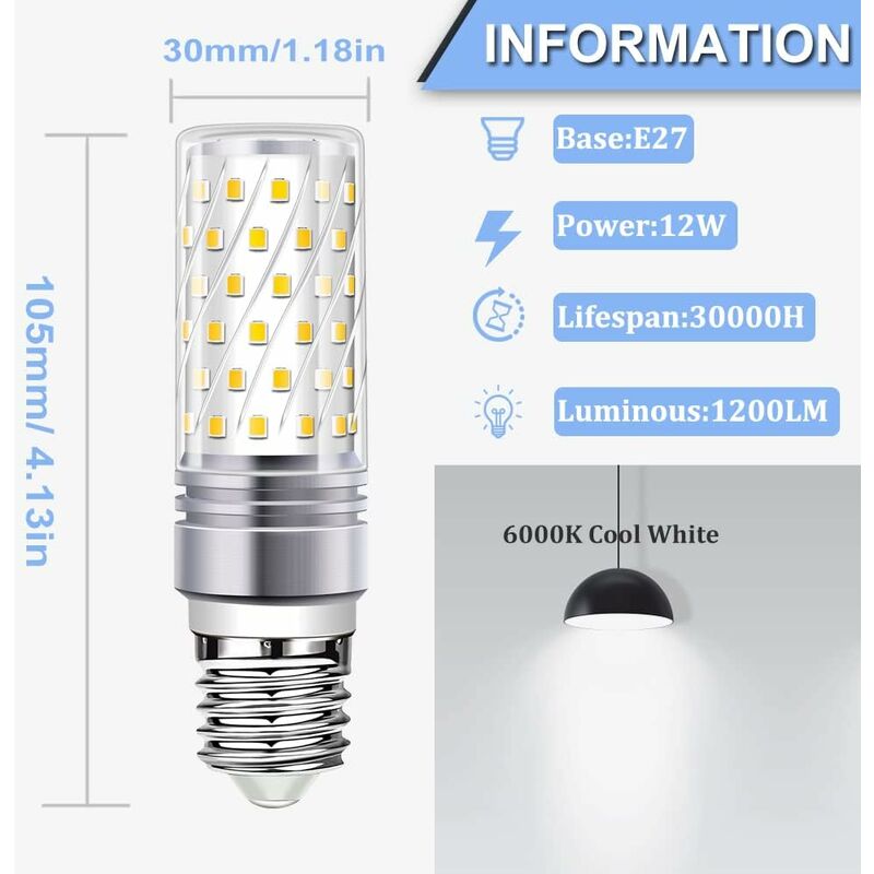 LED E27 Ampoule 12W Équivaut À 100W Ampoule Halogène, E27 LED Maïs 6000K