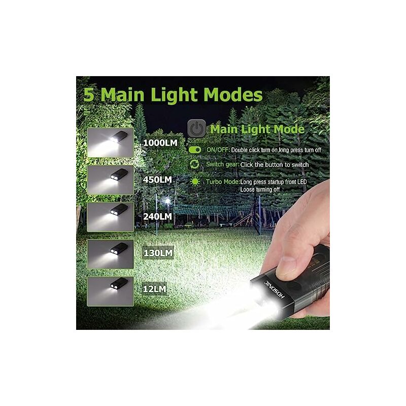 HOSONIC E9 Mini Lampe Torche LED Puissante 1000 Lumens avec Lumière UV 365nm  et Lumière Colorée, 12 Modes Petite Lampe De Poche Rechargeable De Porte  Clé, IPX4 Étanche Flashlight, Magnétique