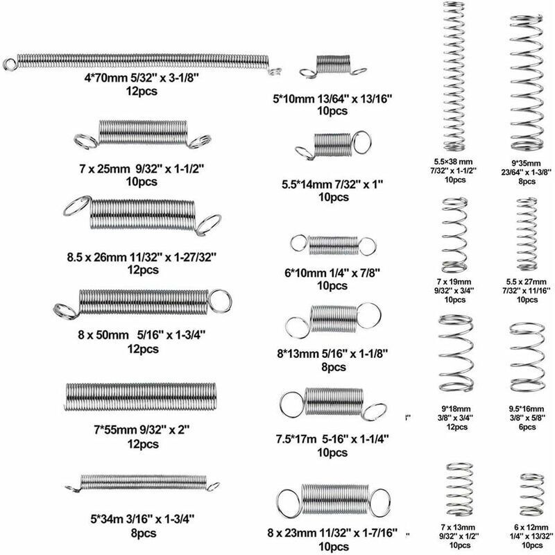 200 Pièces Ressorts Assortis - Compression Et Extension - Acier Galvanisé - 20 Tailles Avec Boîte De Rangement