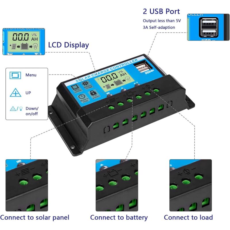 Régulateur Solaire PWM Depvko 30A - 12V/24V Auto, Écran LCD, Double USB, Pour Batteries Plomb - 390W/780W