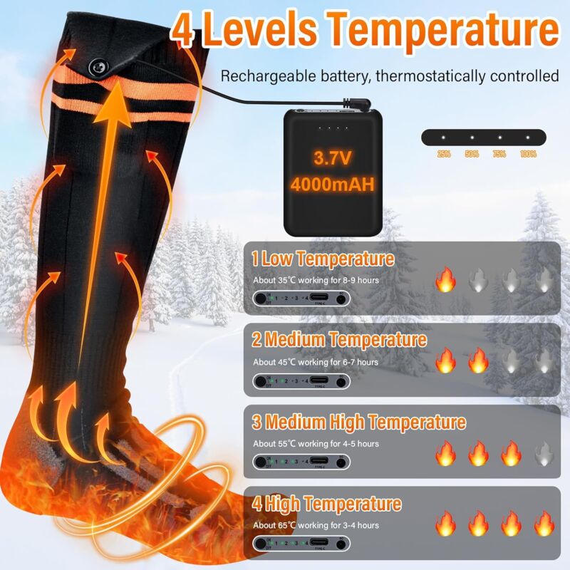 Chaussettes Chauffantes électriques Avec Appli - 4 Températures, Batterie 6000mAh - Pour Ski, Camping, Randonnée