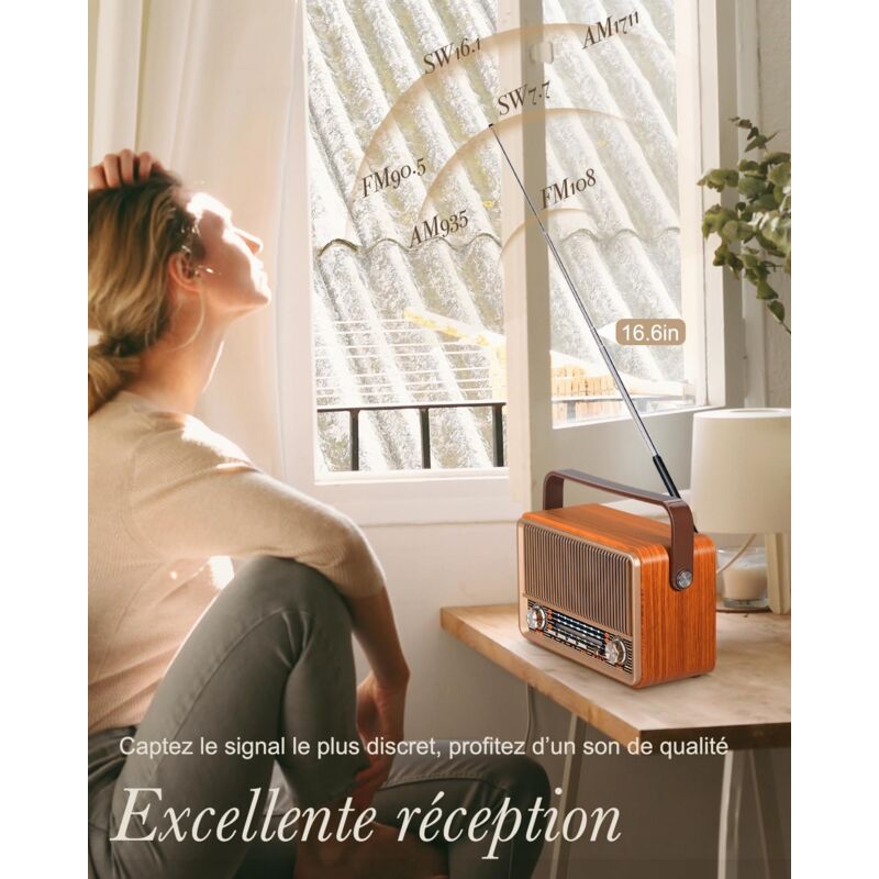 Radio Vintage PRUNUS J-120 AM/FM/SW - Bluetooth, USB/TF/AUX - Batterie 1800mAh - Style Rétro Années 50