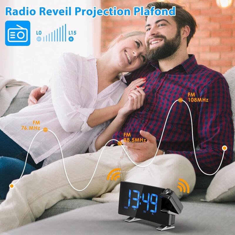 Radio Reveil Projection Plafond Réveil Radio FM Avec Double Alarme Reveille Numerique Couleur, 12/24H, 3 Niveaux De Luminosité, Port De Char | Leroy Merlin