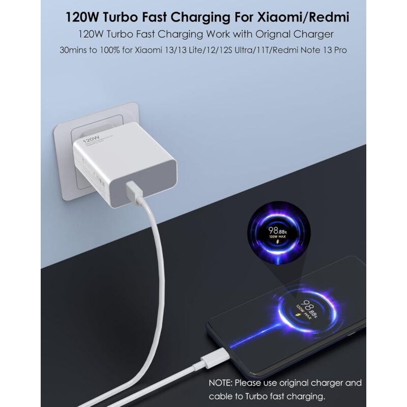 Chargeur Xiaomi 14 Ultra Chargeur Rapide 120W + Câble USB-C 1m Pour Xiaomi/ Redmi/POCO - Turbo Charge Compatible Multiple Modèles Chargeur 120W Xiaomi