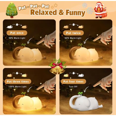 Veilleuse rechargeable pour enfants avec luminosité à 3 niveaux, lampe de nuit en silicone LED Elephant, veilleuses pour chambre à coucher, chambre de bébé et bureau d'étude-Veilleuse de Noël