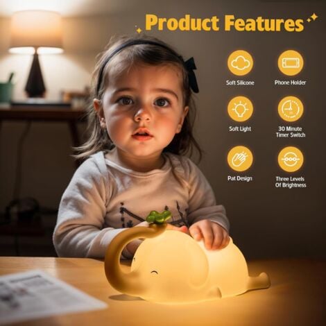 Veilleuse rechargeable pour enfants avec luminosité à 3 niveaux, lampe de nuit en silicone LED Elephant, veilleuses pour chambre à coucher, chambre de bébé et bureau d'étude-Veilleuse de Noël