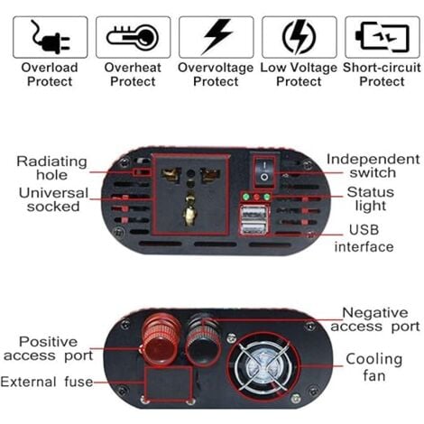 Onduleur DC 24V vers AC 220V / 230V - Convertisseur de Tension 3000W avec 2 Prises USB, idéal pour les Voyages et les Voitures