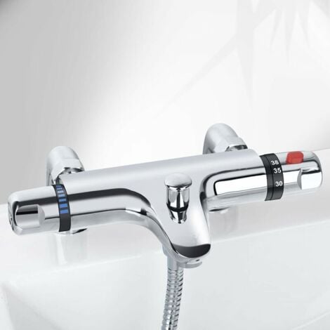 Mitigeur Baignoire Thermostatique Mitigeur Douche Thermostatique Pomme de Douche Apparente avec Bec de Remplissage Chromé