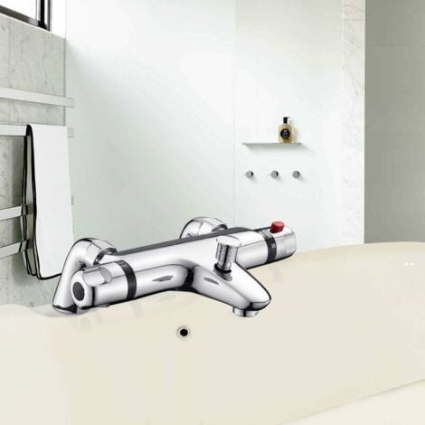 Mitigeur Baignoire Thermostatique Mitigeur Douche Thermostatique Pomme de Douche Apparente avec Bec de Remplissage Chromé