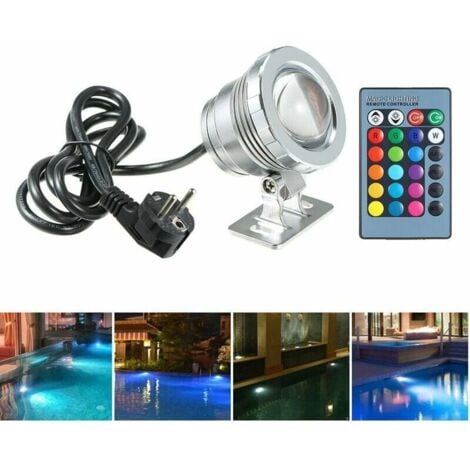 Projecteur de piscine 10W avec télécommande 4 modes RGBW IP68 85-265V Projecteur LED Aquarium Lampe sous-marine Éclairage submersible Projecteur Lampe d'extérieur pour étangs Fontaines Parc Lac