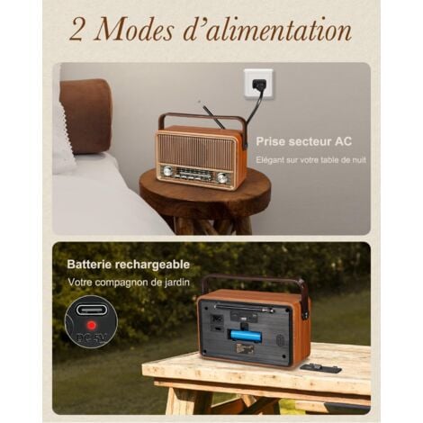 J-120 Poste Radio Vintage, AM/FM/SW Radio Portable avec Batterie Rechargeable 1800mAh, ou Alimentation Secteur, Radio Bluetooth, Radio Vintage Retro Prend en Charge la Fonction USB/TF/AUX