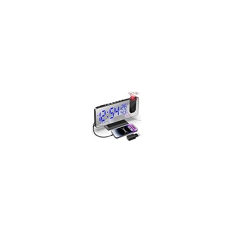 Reveil Projecteur Plafond, Radio Réveil Projection Plafond, avec Ecran Miroir 7.5 Pouces, Température Port de USB, Double Réveil, 4 Luminosités Réglable, Réveil Numérique pour la Chambre