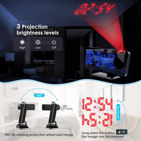 Reveil Projecteur Plafond, Radio Réveil Projection Plafond, avec Ecran Miroir 7.5 Pouces, Température Port de USB, Double Réveil, 4 Luminosités Réglable, Réveil Numérique pour la Chambre