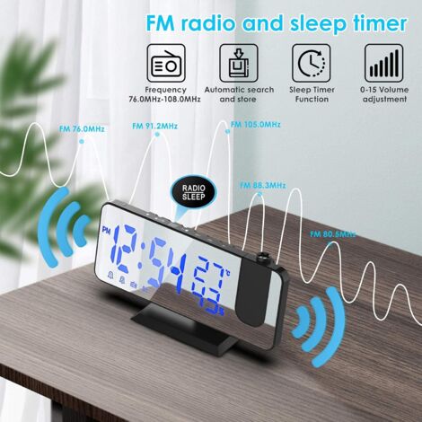Reveil Projecteur Plafond, Radio Réveil Projection Plafond, avec Ecran Miroir 7.5 Pouces, Température Port de USB, Double Réveil, 4 Luminosités Réglable, Réveil Numérique pour la Chambre