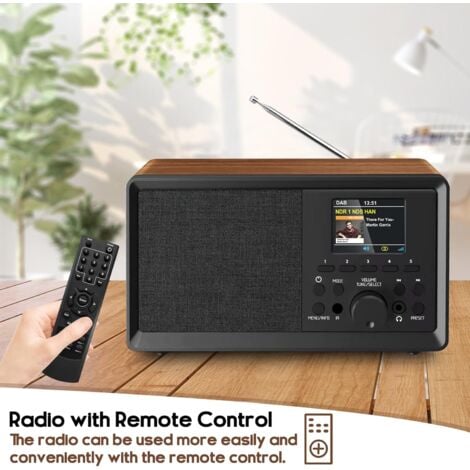 Radio DAB avec télécommande - Radio DAB Plus avec Bluetooth, DAB+/FM - Rétro - En bois - Radio numérique de cuisine - Radio-réveil avec double alarme