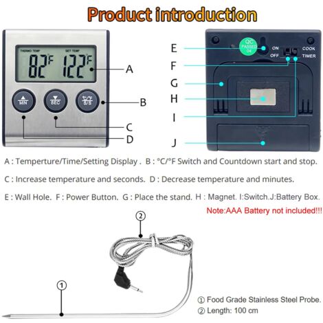 Thermomètre Numérique LED Avec Sonde - Pour Cuisson, Barbecue | Minuterie, Alarme | Fahrenheit/Celsius