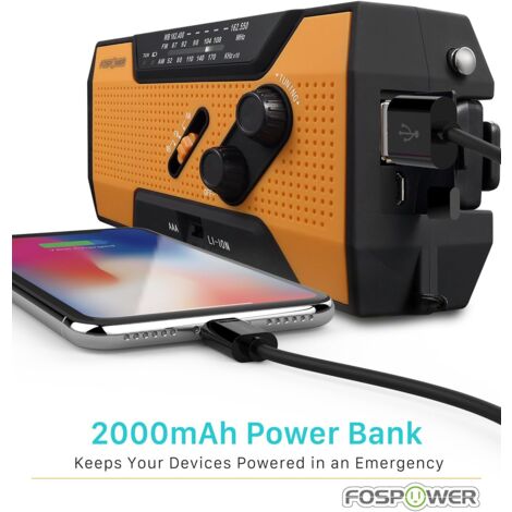 Radio Portable d'urgence Météo avec Batterie de 2.000mAh  Batterie Rechargeable par Panneau Solaire, Manivelle, Piles ou USB  AM/FM, Lampe Torche LED, SOS  Recharge Votre Téléphone