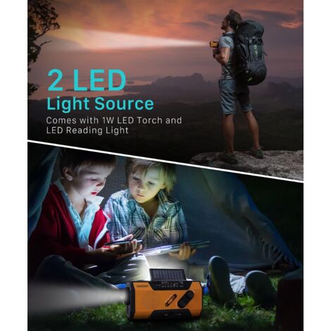 Radio Portable d'urgence Météo avec Batterie de 2.000mAh  Batterie Rechargeable par Panneau Solaire, Manivelle, Piles ou USB  AM/FM, Lampe Torche LED, SOS  Recharge Votre Téléphone