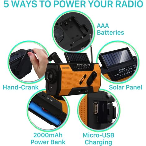Radio Portable d'urgence Météo avec Batterie de 2.000mAh  Batterie Rechargeable par Panneau Solaire, Manivelle, Piles ou USB  AM/FM, Lampe Torche LED, SOS  Recharge Votre Téléphone