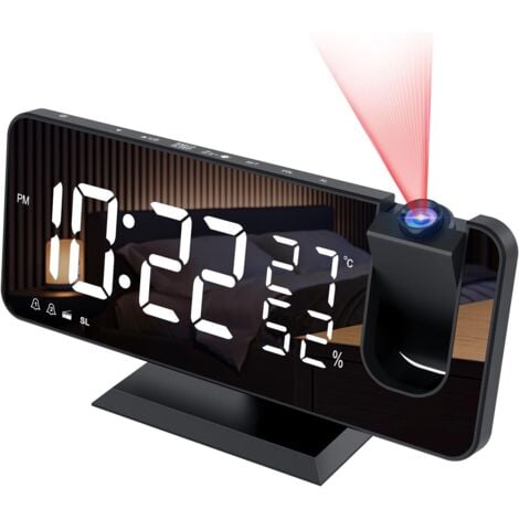 Reveil Projecteur avec Radio, Horloge Numérique, Radio Reveil USB avec Double Alarme et Écran Miroir LED de 7, Snooze, 4 Niveaux de Luminosité, 12/24h, 15 Volume, pour La Maison, Le Bureau