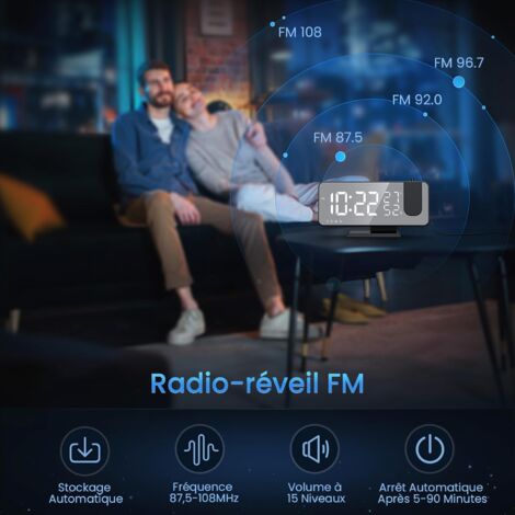 Reveil Projecteur avec Radio, Horloge Numérique, Radio Reveil USB avec Double Alarme et Écran Miroir LED de 7, Snooze, 4 Niveaux de Luminosité, 12/24h, 15 Volume, pour La Maison, Le Bureau