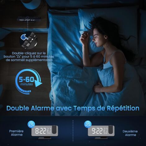 Reveil Projecteur avec Radio, Horloge Numérique, Radio Reveil USB avec Double Alarme et Écran Miroir LED de 7, Snooze, 4 Niveaux de Luminosité, 12/24h, 15 Volume, pour La Maison, Le Bureau