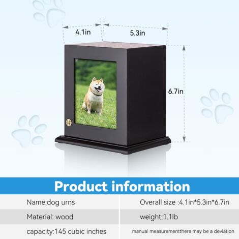 Urne funéraire pour Animaux de Compagnie, Chien ou Chat, urne funéraire commémorative en Bois Massif Pur avec Cadre Photo